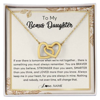 Interlocking Hearts Necklace 18K Yellow Gold Finish | Personalized To My Bonus Daughter Necklace From Stepmother Braver Stronger Smarter Loved Daughter Jewelry Birthday Christmas Customized Gift Box Message Card | siriusteestore