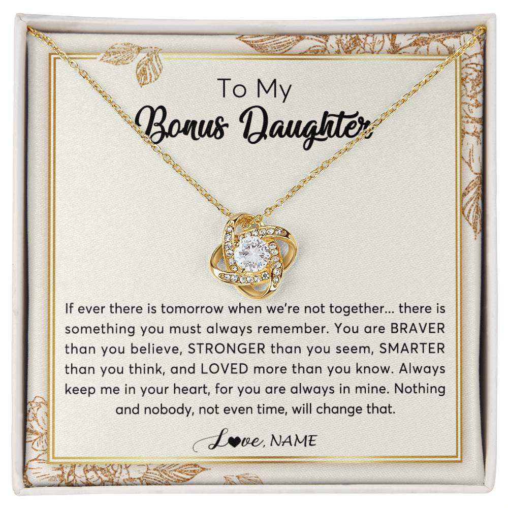 Love Knot Necklace 18K Yellow Gold Finish | Personalized To My Bonus Daughter Necklace From Stepmother Braver Stronger Smarter Loved Daughter Jewelry Birthday Christmas Customized Gift Box Message Card | siriusteestore