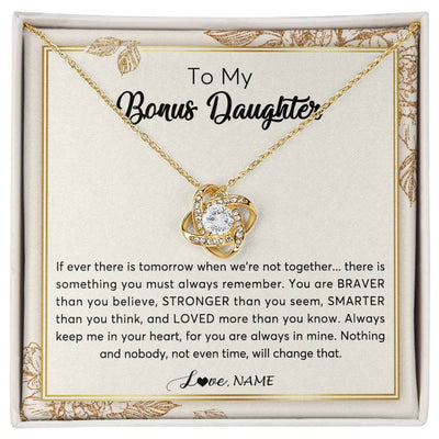 Love Knot Necklace 18K Yellow Gold Finish | Personalized To My Bonus Daughter Necklace From Stepmother Braver Stronger Smarter Loved Daughter Jewelry Birthday Christmas Customized Gift Box Message Card | siriusteestore