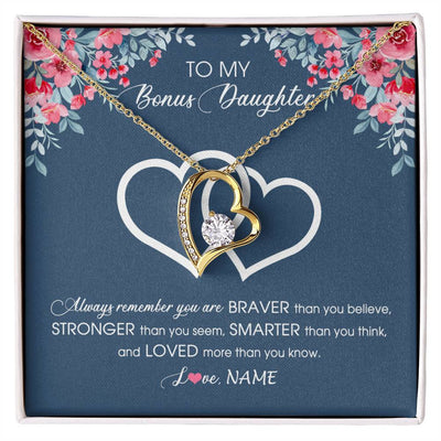 Forever Love Necklace 18K Yellow Gold Finish | Personalized To My Bonus Daughter Necklace From Stepmother Braver Stronger Smarter Loved Stepdaughter Jewelry Birthday Christmas Customized Message Card | siriusteestore