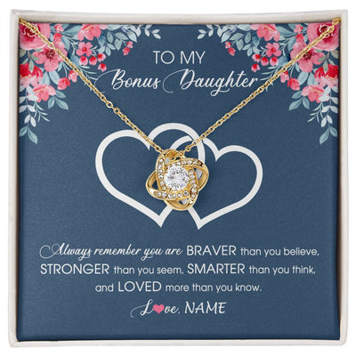 Love Knot Necklace 18K Yellow Gold Finish | Personalized To My Bonus Daughter Necklace From Stepmother Braver Stronger Smarter Loved Stepdaughter Jewelry Birthday Christmas Customized Message Card | siriusteestore