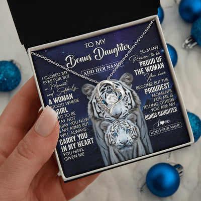 Forever Love Necklace 14K White Gold Finish | 2 | Personalized To My Bonus Daughter Necklace From Stepmother Dad I Close My Eyes White Tiger Stepdaughter Birthday Gift Christmas Gift Box Message Card | https://siriusteestore.