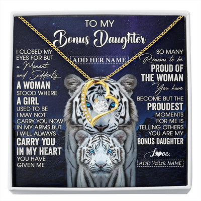 Forever Love Necklace 18K Yellow Gold Finish | 1 | Personalized To My Bonus Daughter Necklace From Stepmother Dad I Close My Eyes White Tiger Stepdaughter Birthday Gift Christmas Gift Box Message Card | https://siriusteestore.