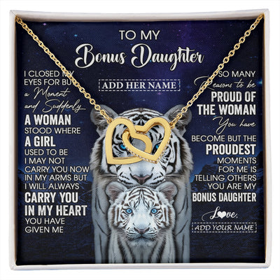 Interlocking Hearts Necklace 18K Yellow Gold Finish | 1 | Personalized To My Bonus Daughter Necklace From Stepmother Dad I Close My Eyes White Tiger Stepdaughter Birthday Gift Christmas Gift Box Message Card | https://siriusteestore.
