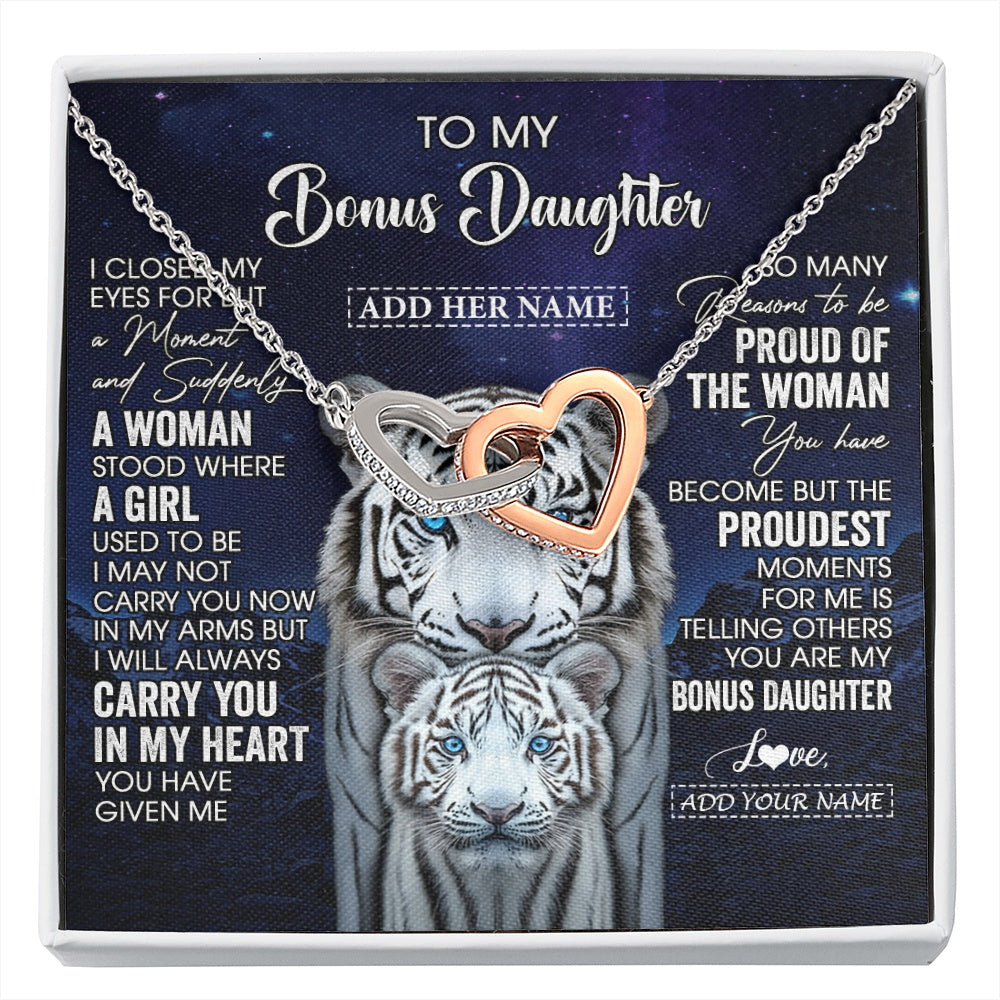 Interlocking Hearts Necklace Stainless Steel & Rose Gold Finish | 1 | Personalized To My Bonus Daughter Necklace From Stepmother Dad I Close My Eyes White Tiger Stepdaughter Birthday Gift Christmas Gift Box Message Card | https://siriusteestore.