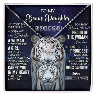 Love Knot Necklace 14K White Gold Finish | 1 | Personalized To My Bonus Daughter Necklace From Stepmother Dad I Close My Eyes White Tiger Stepdaughter Birthday Gift Christmas Gift Box Message Card | https://siriusteestore.