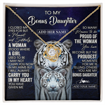 Love Knot Necklace 18K Yellow Gold Finish | 1 | Personalized To My Bonus Daughter Necklace From Stepmother Dad I Close My Eyes White Tiger Stepdaughter Birthday Gift Christmas Gift Box Message Card | https://siriusteestore.