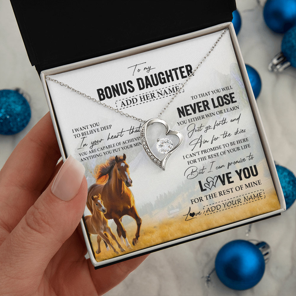 Forever Love Necklace 14K White Gold Finish | 2 | Personalized To My Bonus Daughter Necklace From Stepmother Dad You Will Never Lose Horse Stepdaughter Birthday Gifts Christmas Custom Gift Box Message Card | siriusteestore