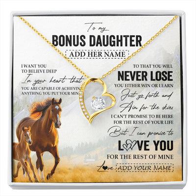 Forever Love Necklace 18K Yellow Gold Finish | 1 | Personalized To My Bonus Daughter Necklace From Stepmother Dad You Will Never Lose Horse Stepdaughter Birthday Gifts Christmas Custom Gift Box Message Card | siriusteestore