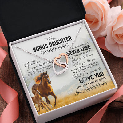 Interlocking Hearts Necklace Stainless Steel & Rose Gold Finish | 2 | Personalized To My Bonus Daughter Necklace From Stepmother Dad You Will Never Lose Horse Stepdaughter Birthday Gifts Christmas Custom Gift Box Message Card | siriusteestore