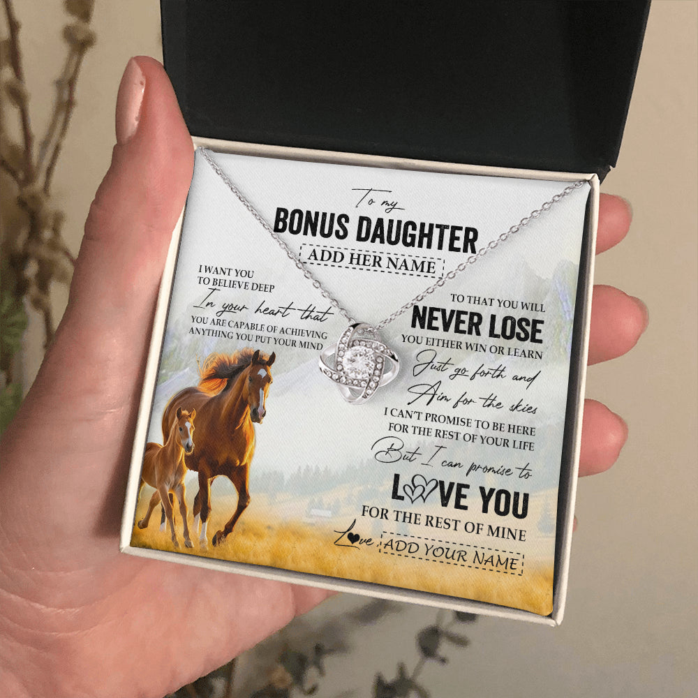 Love Knot Necklace 14K White Gold Finish | 2 | Personalized To My Bonus Daughter Necklace From Stepmother Dad You Will Never Lose Horse Stepdaughter Birthday Gifts Christmas Custom Gift Box Message Card | siriusteestore