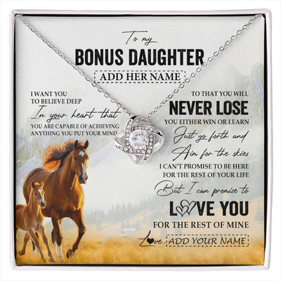 Love Knot Necklace 14K White Gold Finish | 1 | Personalized To My Bonus Daughter Necklace From Stepmother Dad You Will Never Lose Horse Stepdaughter Birthday Gifts Christmas Custom Gift Box Message Card | siriusteestore
