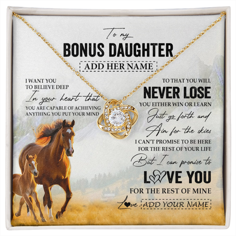 Love Knot Necklace 18K Yellow Gold Finish | 1 | Personalized To My Bonus Daughter Necklace From Stepmother Dad You Will Never Lose Horse Stepdaughter Birthday Gifts Christmas Custom Gift Box Message Card | siriusteestore