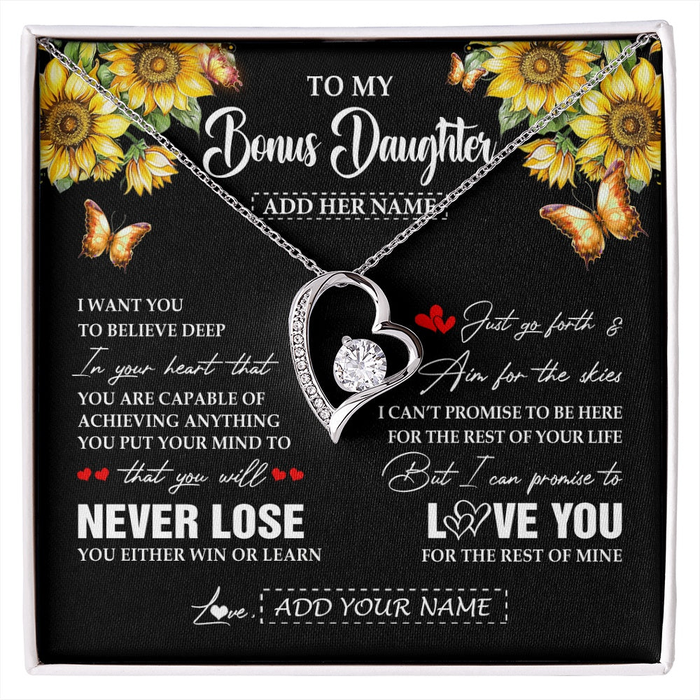 Forever Love Necklace 14K White Gold Finish | 1 | Personalized To My Bonus Daughter Necklace From Stepmother Dad You Will Never Lose Sunflower Stepdaughter Birthday Gifts Christmas Gift Box Message Card | siriusteestore.myshopify