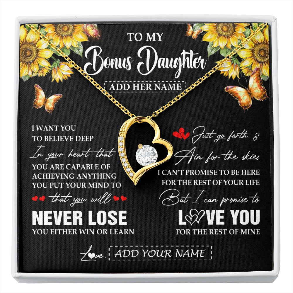 Forever Love Necklace 18K Yellow Gold Finish | 1 | Personalized To My Bonus Daughter Necklace From Stepmother Dad You Will Never Lose Sunflower Stepdaughter Birthday Gifts Christmas Gift Box Message Card | siriusteestore.myshopify