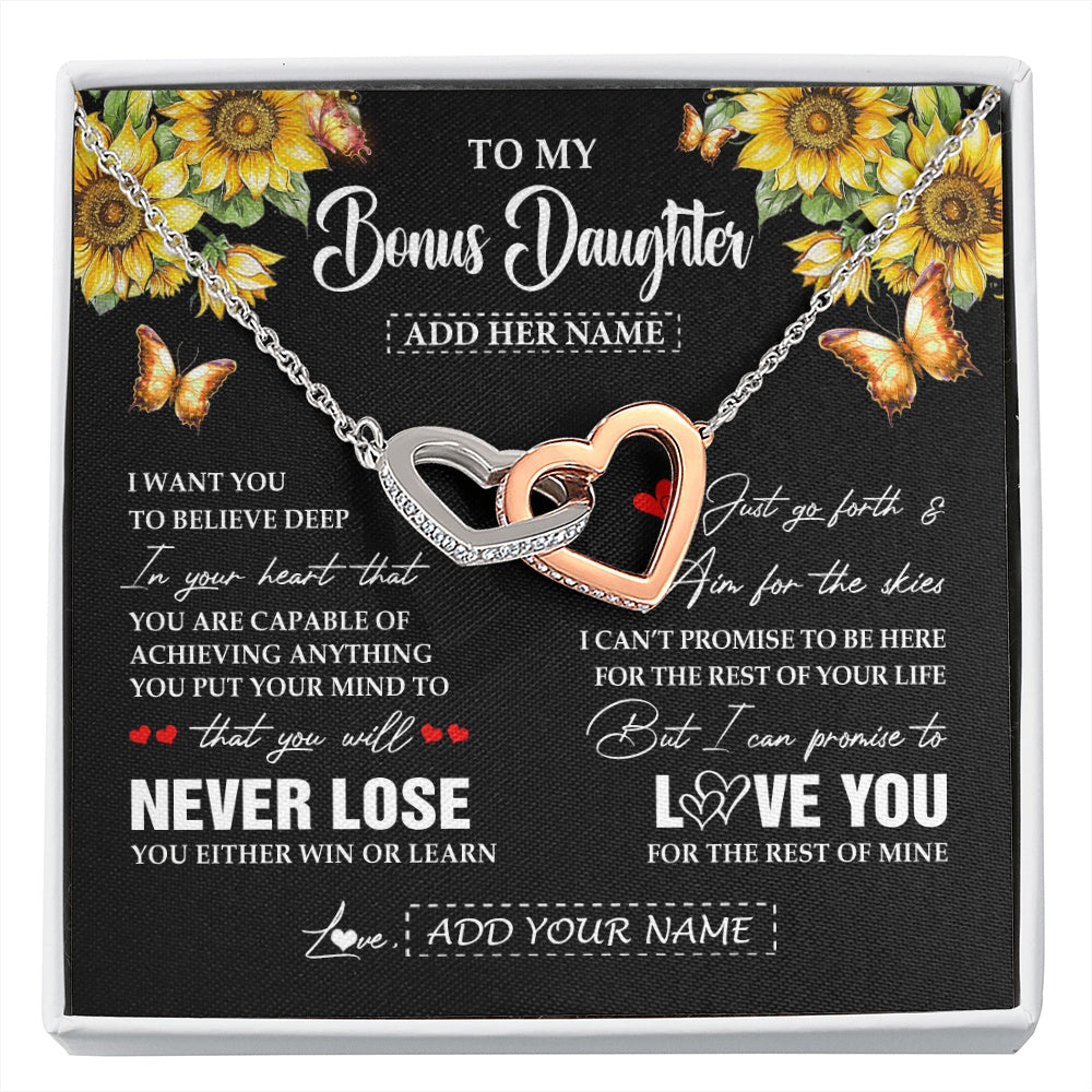 Interlocking Hearts Necklace Stainless Steel & Rose Gold Finish | 1 | Personalized To My Bonus Daughter Necklace From Stepmother Dad You Will Never Lose Sunflower Stepdaughter Birthday Gifts Christmas Gift Box Message Card | siriusteestore.myshopify