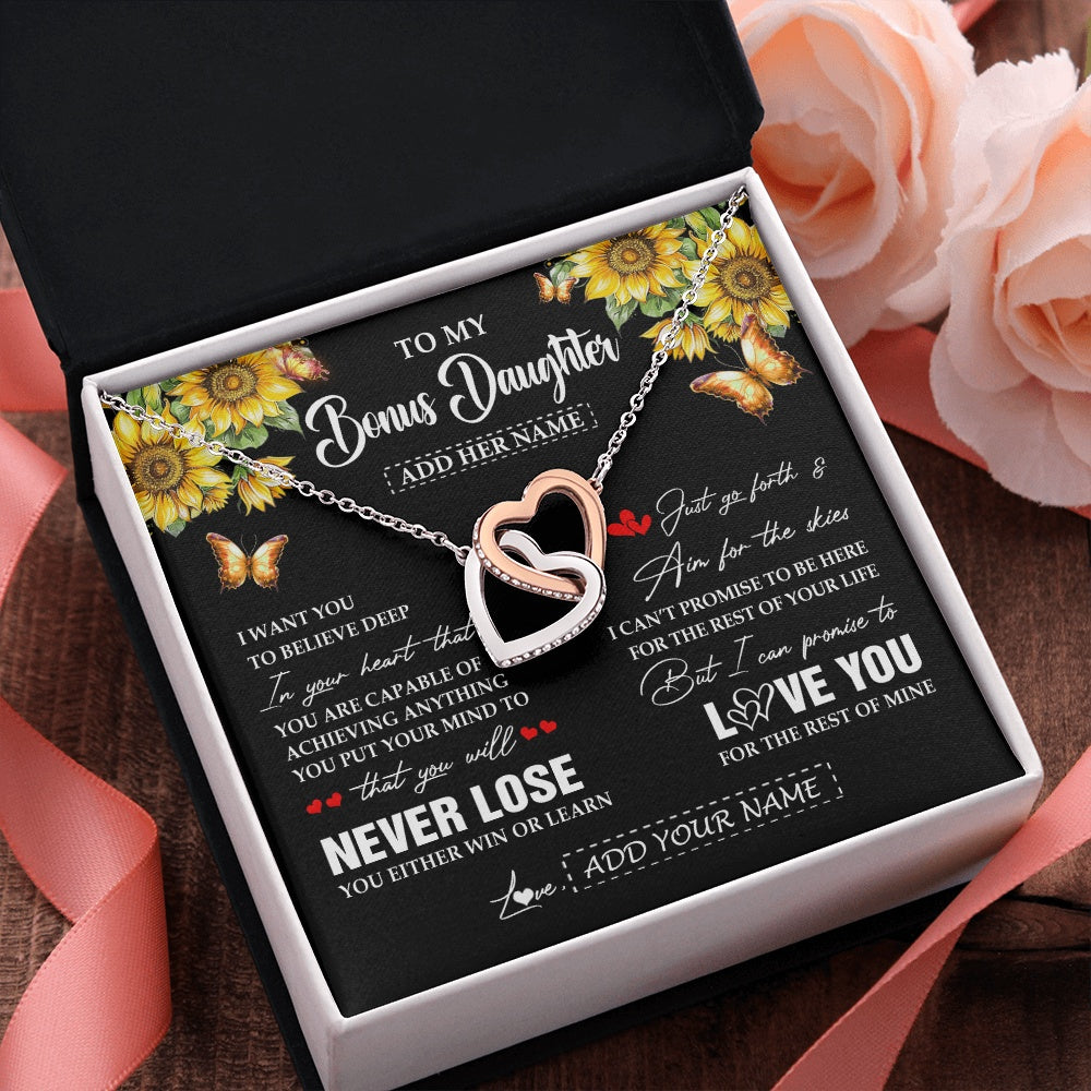 Interlocking Hearts Necklace Stainless Steel & Rose Gold Finish | 2 | Personalized To My Bonus Daughter Necklace From Stepmother Dad You Will Never Lose Sunflower Stepdaughter Birthday Gifts Christmas Gift Box Message Card | siriusteestore.myshopify