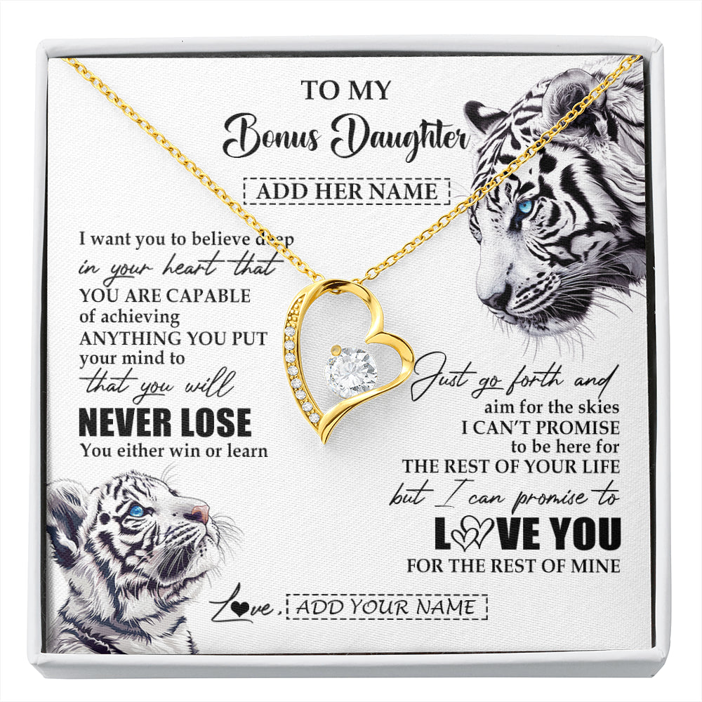 Forever Love Necklace 18K Yellow Gold Finish | 1 | Personalized To My Bonus Daughter Necklace From Stepmother Dad You Will Never Lose White Tiger Stepdaughter Birthday Gifts Christmas Gift Box Message Card | siriusteestore