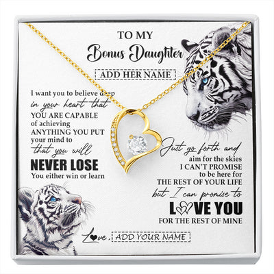 Forever Love Necklace 18K Yellow Gold Finish | 1 | Personalized To My Bonus Daughter Necklace From Stepmother Dad You Will Never Lose White Tiger Stepdaughter Birthday Gifts Christmas Gift Box Message Card | siriusteestore