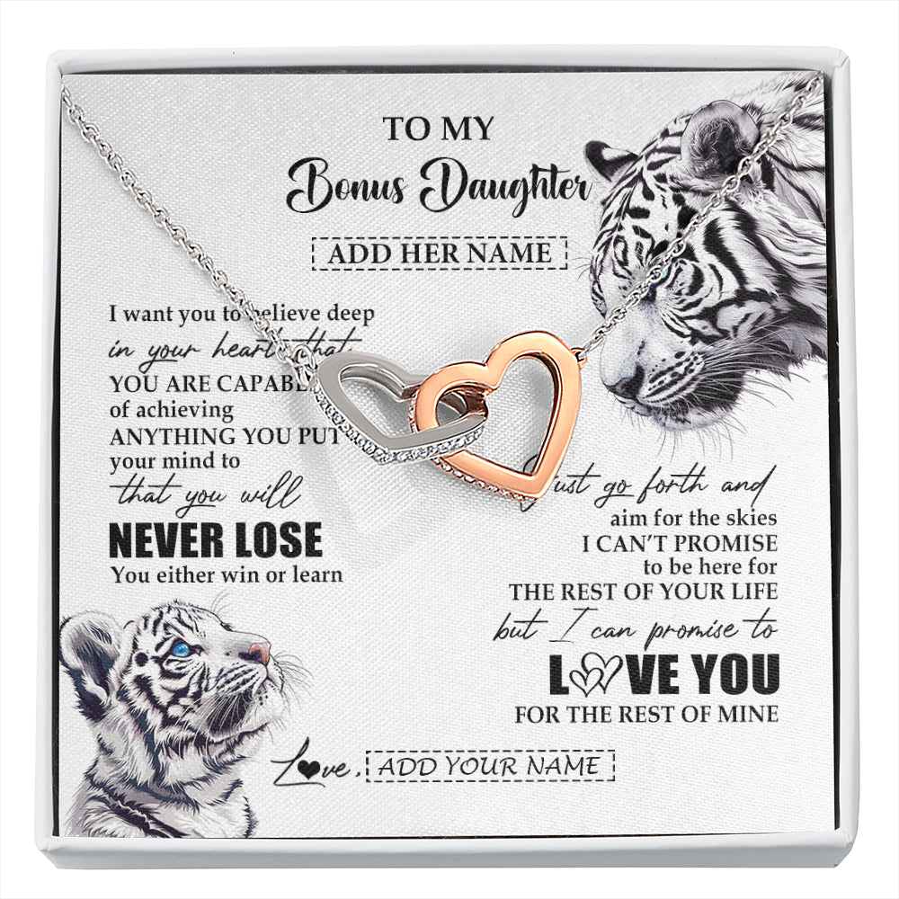 Interlocking Hearts Necklace Stainless Steel & Rose Gold Finish | 1 | Personalized To My Bonus Daughter Necklace From Stepmother Dad You Will Never Lose White Tiger Stepdaughter Birthday Gifts Christmas Gift Box Message Card | siriusteestore