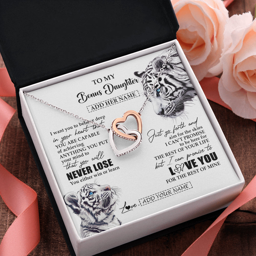 Interlocking Hearts Necklace Stainless Steel & Rose Gold Finish | 2 | Personalized To My Bonus Daughter Necklace From Stepmother Dad You Will Never Lose White Tiger Stepdaughter Birthday Gifts Christmas Gift Box Message Card | siriusteestore