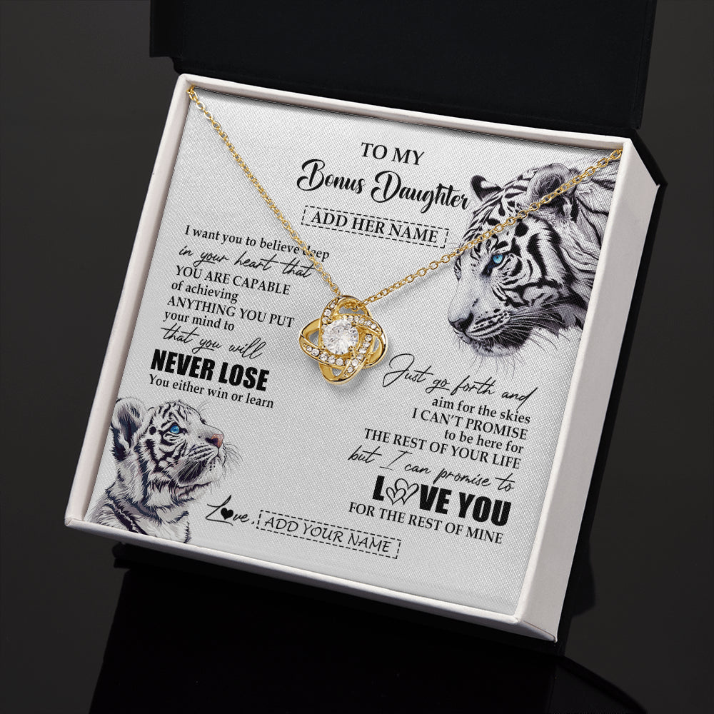 Love Knot Necklace 18K Yellow Gold Finish | 2 | Personalized To My Bonus Daughter Necklace From Stepmother Dad You Will Never Lose White Tiger Stepdaughter Birthday Gifts Christmas Gift Box Message Card | siriusteestore