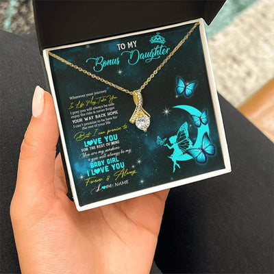 Alluring Beauty Necklace 18K Yellow Gold Finish | 2 | Personalized To My Bonus Daughter Necklace From Stepmother Fairy Silhouette Fantasy Moon Stepdaughter Birthday Christmas Customized Gift Box Message Card | siriusteestore