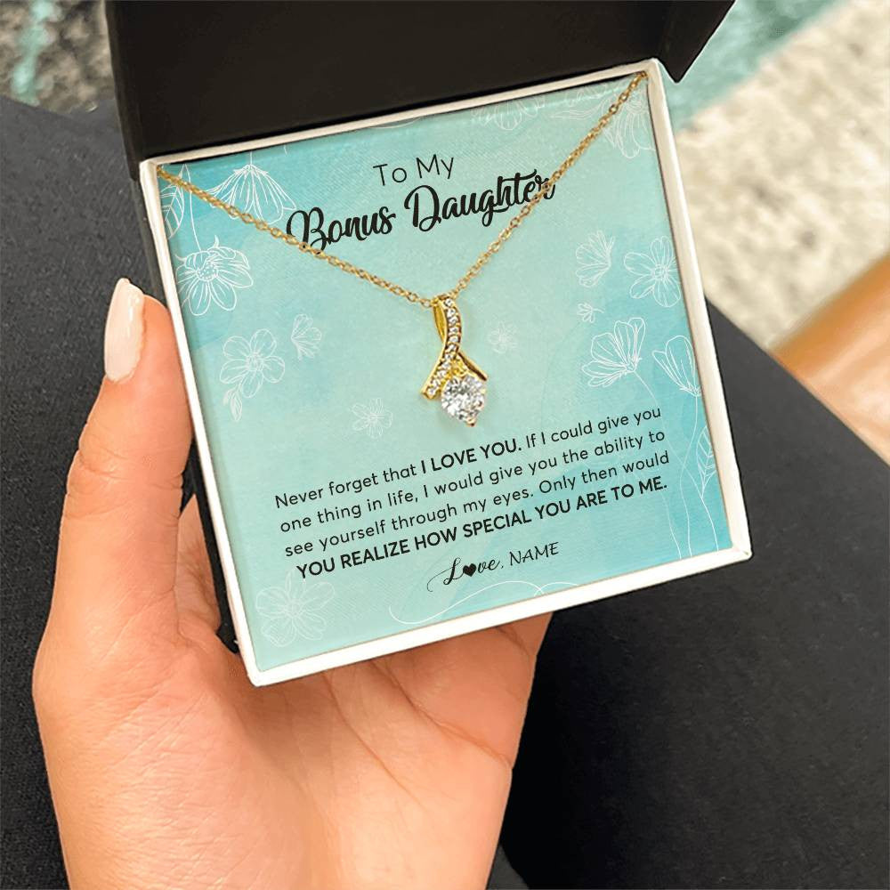Alluring Beauty Necklace 18K Yellow Gold Finish | 2 | Personalized To My Bonus Daughter Necklace From Stepmother Flower Never Forget I Love You Stepdaughter Jewelry Birthday Customized Gift Box Message Card | siriusteestore