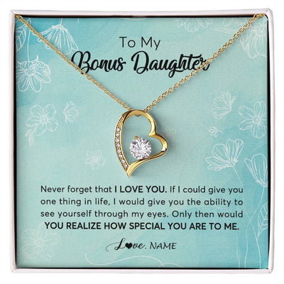 Forever Love Necklace 18K Yellow Gold Finish | 1 | Personalized To My Bonus Daughter Necklace From Stepmother Flower Never Forget I Love You Stepdaughter Jewelry Birthday Customized Gift Box Message Card | siriusteestore