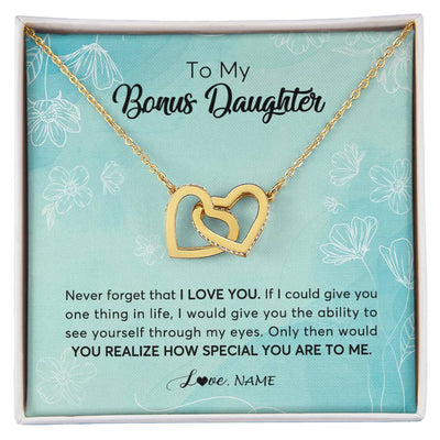 Interlocking Hearts Necklace 18K Yellow Gold Finish | 1 | Personalized To My Bonus Daughter Necklace From Stepmother Flower Never Forget I Love You Stepdaughter Jewelry Birthday Customized Gift Box Message Card | siriusteestore