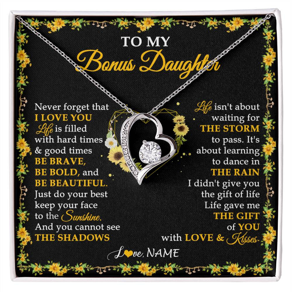 Forever Love Necklace 14K White Gold Finish | 1 | Personalized To My Bonus Daughter Necklace From Stepmother I Love You Sunflower Bonus Daughter Birthday Jewelry Christmas Customized Gift Box Message Card | siriusteestore