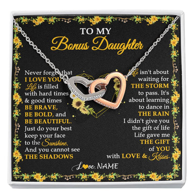Interlocking Hearts Necklace Stainless Steel & Rose Gold Finish | 1 | Personalized To My Bonus Daughter Necklace From Stepmother I Love You Sunflower Bonus Daughter Birthday Jewelry Christmas Customized Gift Box Message Card | siriusteestore