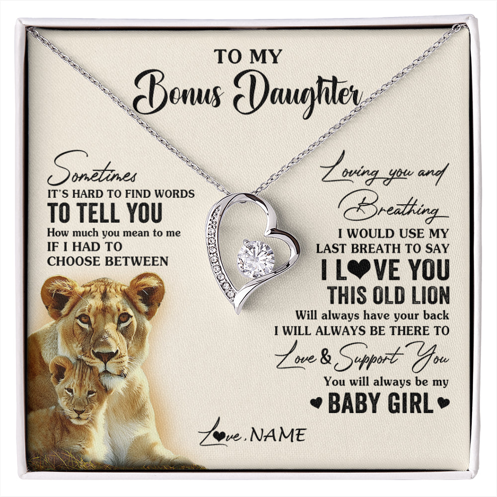 Forever Love Necklace 14K White Gold Finish | 1 | Personalized To My Bonus Daughter Necklace From Stepmother I Love You This Old Lion Stepdaughter Birthday Graduation Christmas Customized Gift Box Message Card | siriusteestore