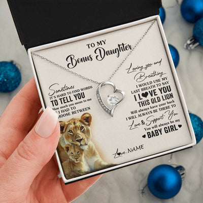 Forever Love Necklace 14K White Gold Finish | 2 | Personalized To My Bonus Daughter Necklace From Stepmother I Love You This Old Lion Stepdaughter Birthday Graduation Christmas Customized Gift Box Message Card | siriusteestore