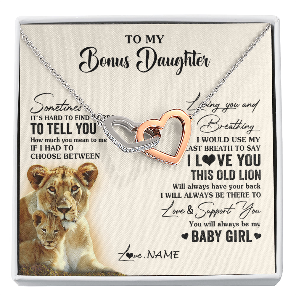 Interlocking Hearts Necklace Stainless Steel & Rose Gold Finish | 1 | Personalized To My Bonus Daughter Necklace From Stepmother I Love You This Old Lion Stepdaughter Birthday Graduation Christmas Customized Gift Box Message Card | siriusteestore