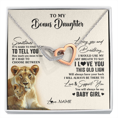 Interlocking Hearts Necklace Stainless Steel & Rose Gold Finish | 1 | Personalized To My Bonus Daughter Necklace From Stepmother I Love You This Old Lion Stepdaughter Birthday Graduation Christmas Customized Gift Box Message Card | siriusteestore