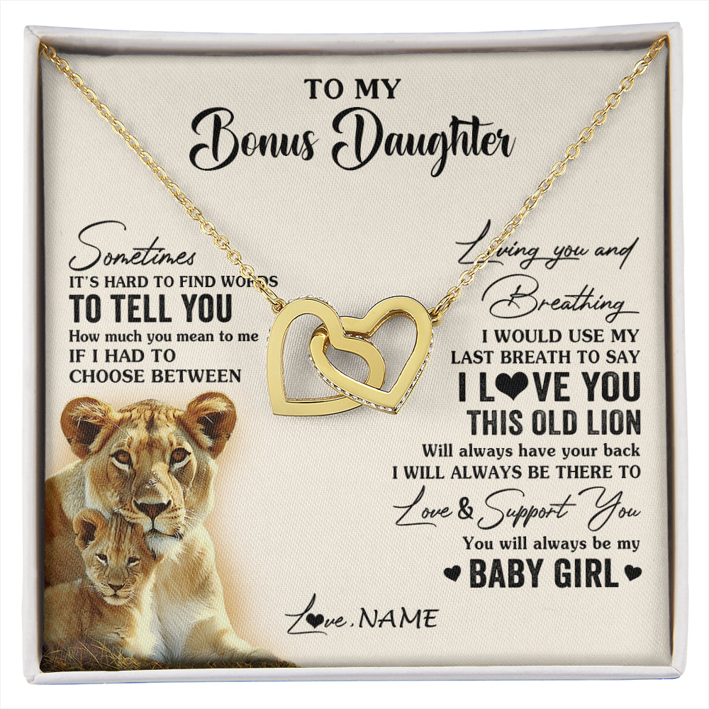 Interlocking Hearts Necklace 18K Yellow Gold Finish | 1 | Personalized To My Bonus Daughter Necklace From Stepmother I Love You This Old Lion Stepdaughter Birthday Graduation Christmas Customized Gift Box Message Card | siriusteestore