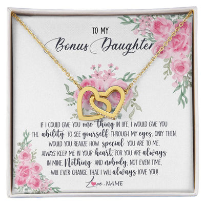 Interlocking Hearts Necklace 18K Yellow Gold Finish | 1 | Personalized To My Bonus Daughter Necklace From Stepmother I Will Always Love You Stepdaughter Birthday Christmas Jewelry Customized Gift Box Message Card | siriusteestore