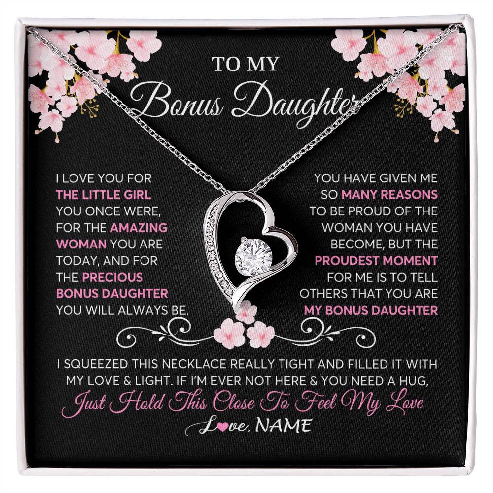 Forever Love Necklace 14K White Gold Finish | 1 | Personalized To My Bonus Daughter Necklace From Stepmother Love You Little Girl Stepdaughter Birthday Jewelry Christmas Customized Gift Box Message Card | siriusteestore
