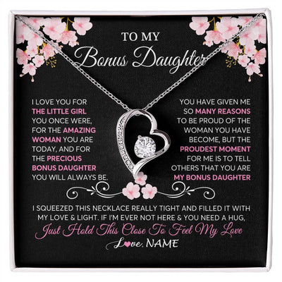 Forever Love Necklace 14K White Gold Finish | 1 | Personalized To My Bonus Daughter Necklace From Stepmother Love You Little Girl Stepdaughter Birthday Jewelry Christmas Customized Gift Box Message Card | siriusteestore