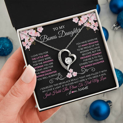 Forever Love Necklace 14K White Gold Finish | 2 | Personalized To My Bonus Daughter Necklace From Stepmother Love You Little Girl Stepdaughter Birthday Jewelry Christmas Customized Gift Box Message Card | siriusteestore