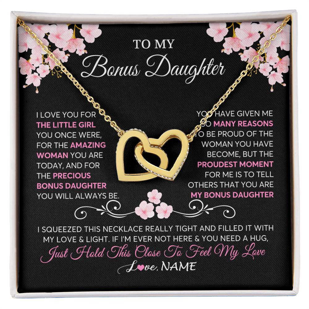 Interlocking Hearts Necklace 18K Yellow Gold Finish | 1 | Personalized To My Bonus Daughter Necklace From Stepmother Love You Little Girl Stepdaughter Birthday Jewelry Christmas Customized Gift Box Message Card | siriusteestore