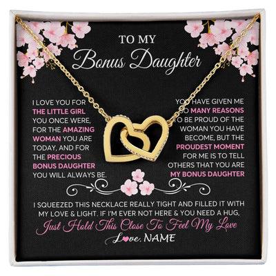 Interlocking Hearts Necklace 18K Yellow Gold Finish | 1 | Personalized To My Bonus Daughter Necklace From Stepmother Love You Little Girl Stepdaughter Birthday Jewelry Christmas Customized Gift Box Message Card | siriusteestore