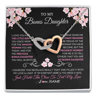 Interlocking Hearts Necklace Stainless Steel & Rose Gold Finish | 1 | Personalized To My Bonus Daughter Necklace From Stepmother Love You Little Girl Stepdaughter Birthday Jewelry Christmas Customized Gift Box Message Card | siriusteestore