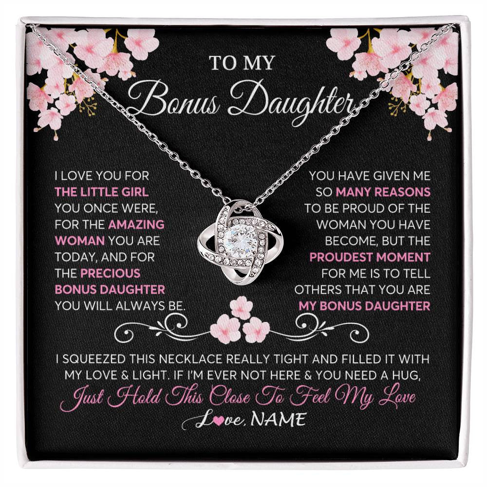 Love Knot Necklace 14K White Gold Finish | 1 | Personalized To My Bonus Daughter Necklace From Stepmother Love You Little Girl Stepdaughter Birthday Jewelry Christmas Customized Gift Box Message Card | siriusteestore