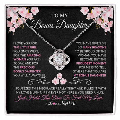 Love Knot Necklace 14K White Gold Finish | 1 | Personalized To My Bonus Daughter Necklace From Stepmother Love You Little Girl Stepdaughter Birthday Jewelry Christmas Customized Gift Box Message Card | siriusteestore