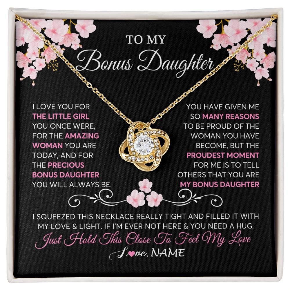 Love Knot Necklace 18K Yellow Gold Finish | 1 | Personalized To My Bonus Daughter Necklace From Stepmother Love You Little Girl Stepdaughter Birthday Jewelry Christmas Customized Gift Box Message Card | siriusteestore