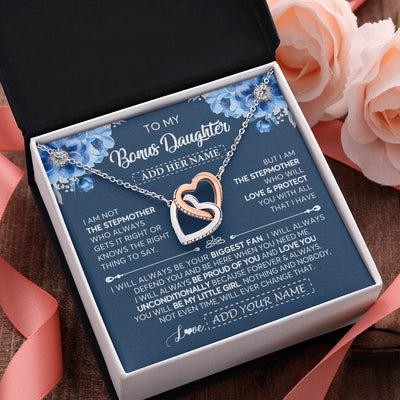 Interlocking Hearts Necklace Stainless Steel & Rose Gold Finish | 2 | Personalized To My Bonus Daughter Necklace From Stepmother Proud Of You Birthday Gifts For Stepdaughter Jewelry Gifts Christmas Custom Gift Box Message Card | https://siriusteestore.