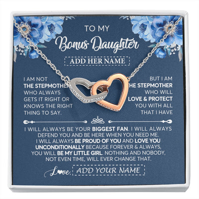 Interlocking Hearts Necklace Stainless Steel & Rose Gold Finish | 1 | Personalized To My Bonus Daughter Necklace From Stepmother Proud Of You Birthday Gifts For Stepdaughter Jewelry Gifts Christmas Custom Gift Box Message Card | https://siriusteestore.