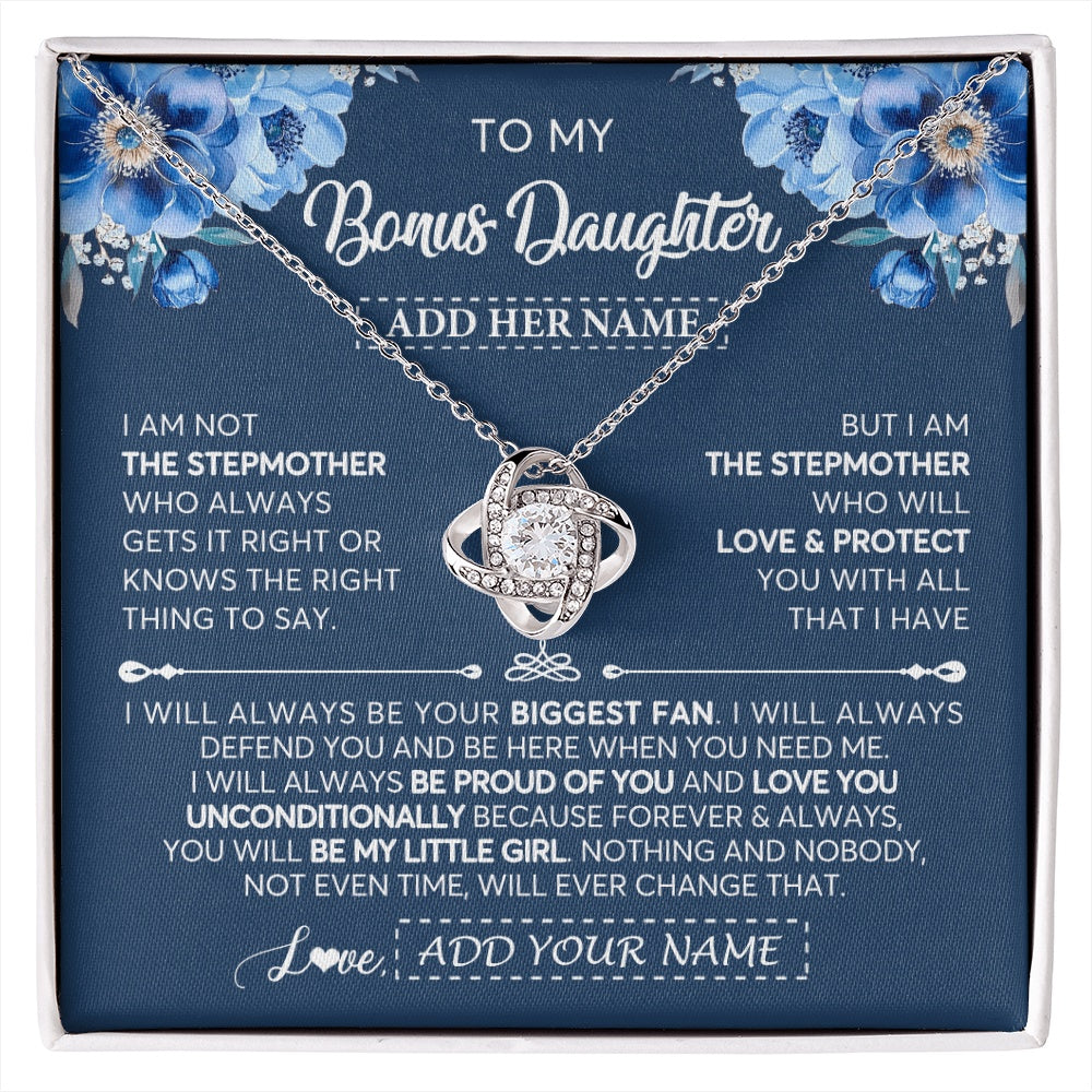 Love Knot Necklace 14K White Gold Finish | 1 | Personalized To My Bonus Daughter Necklace From Stepmother Proud Of You Birthday Gifts For Stepdaughter Jewelry Gifts Christmas Custom Gift Box Message Card | https://siriusteestore.